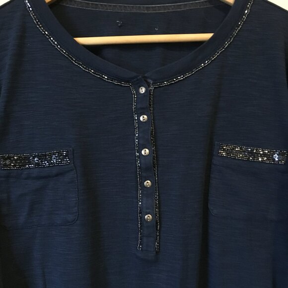Navy Blue Beads and Sequins Button Collar Shirt - Picture 3 of 13